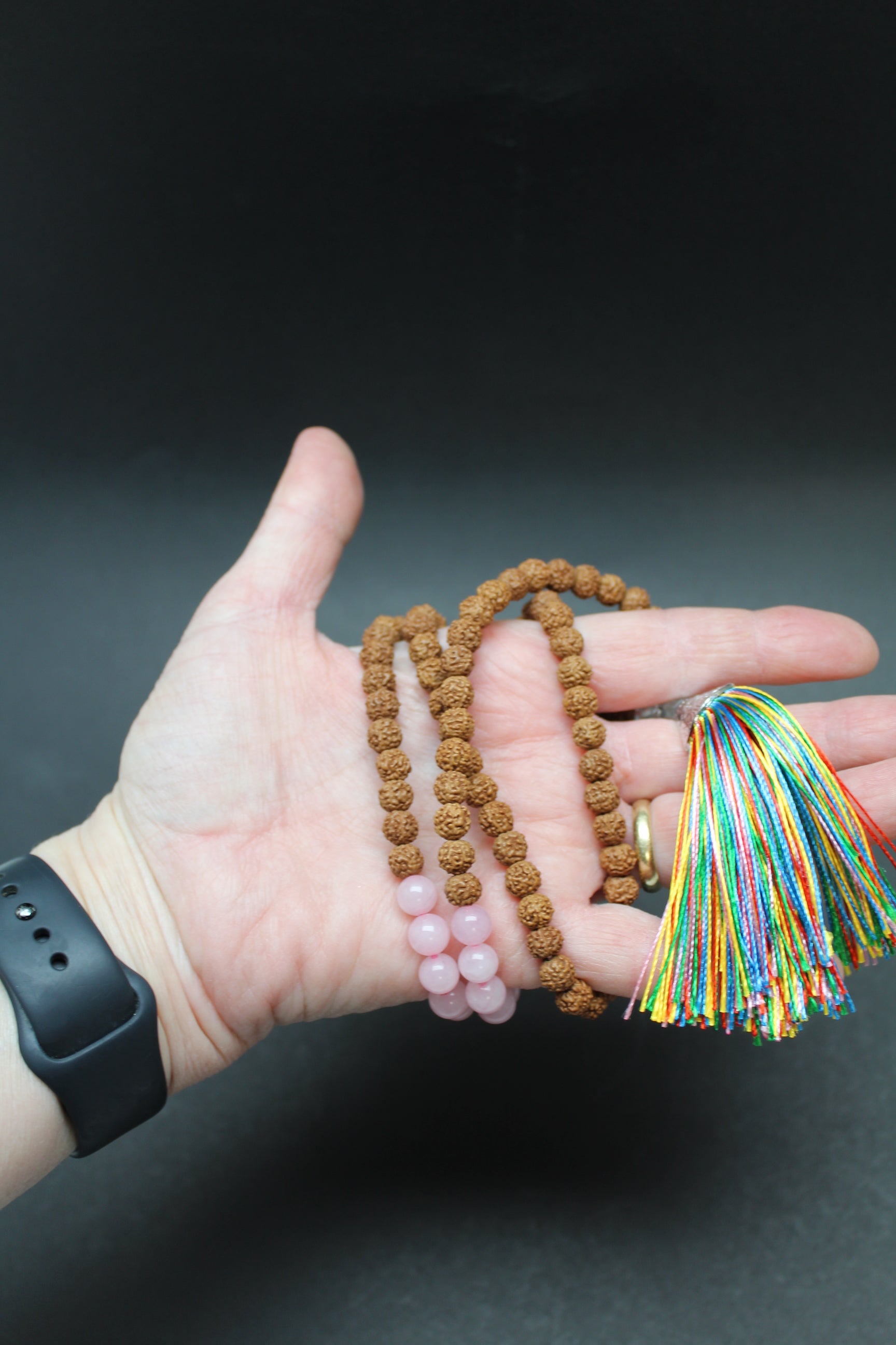 Mala Kæde - Rudraksha/Rosakvarts - Hjerte Chakra