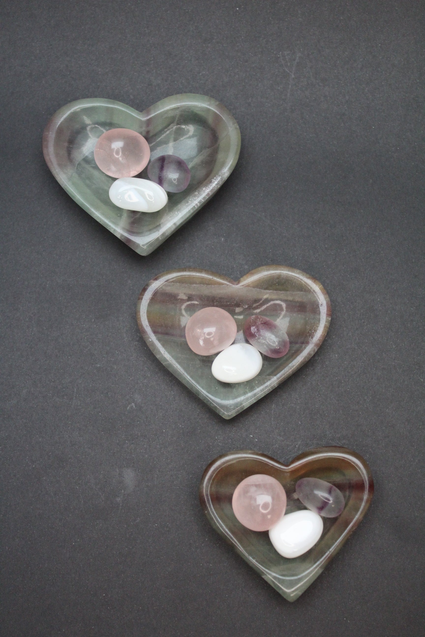 Fluorit Hjerte Skåle - 3 sæt