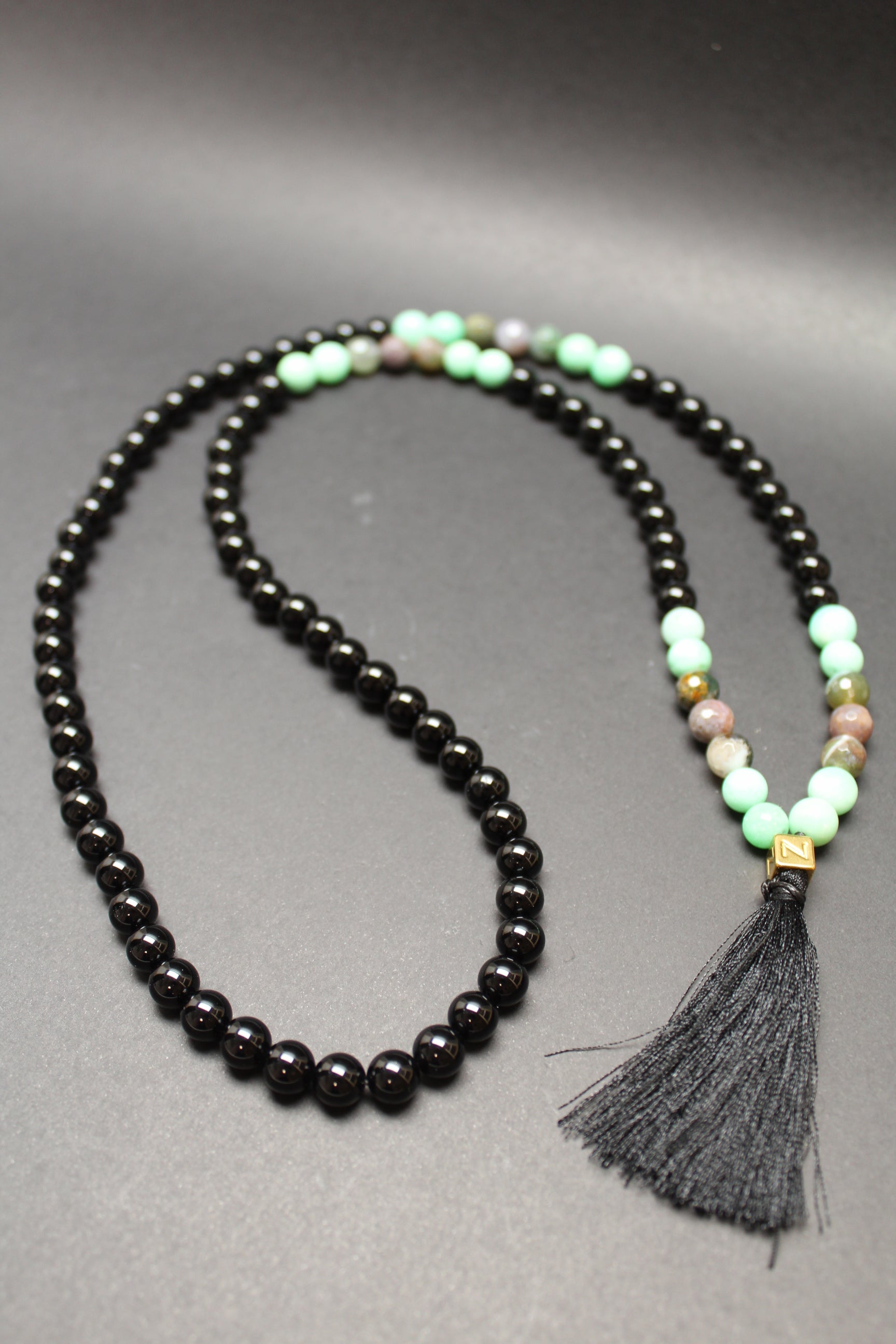 Mala Kæde – Chrysopras, Indisk Agat & Onyx – Hjerte & Jordforbindelse