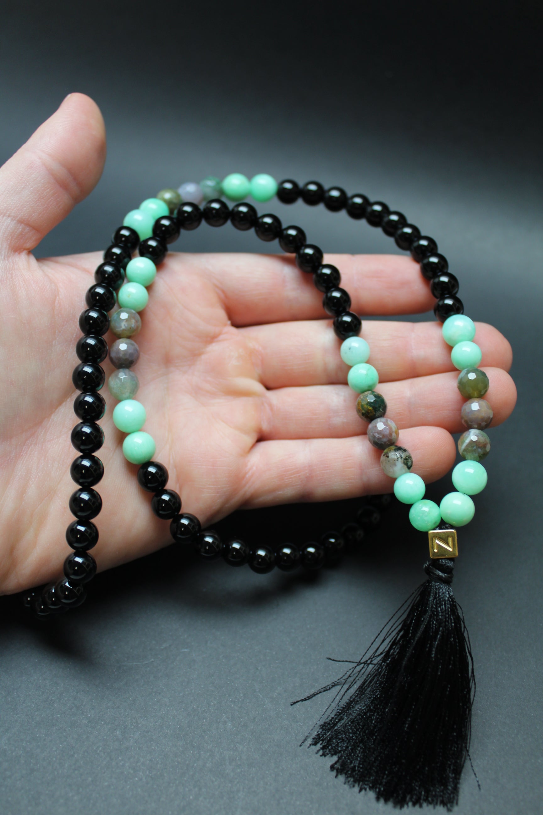 Mala Kæde – Chrysopras, Indisk Agat & Onyx – Hjerte & Jordforbindelse