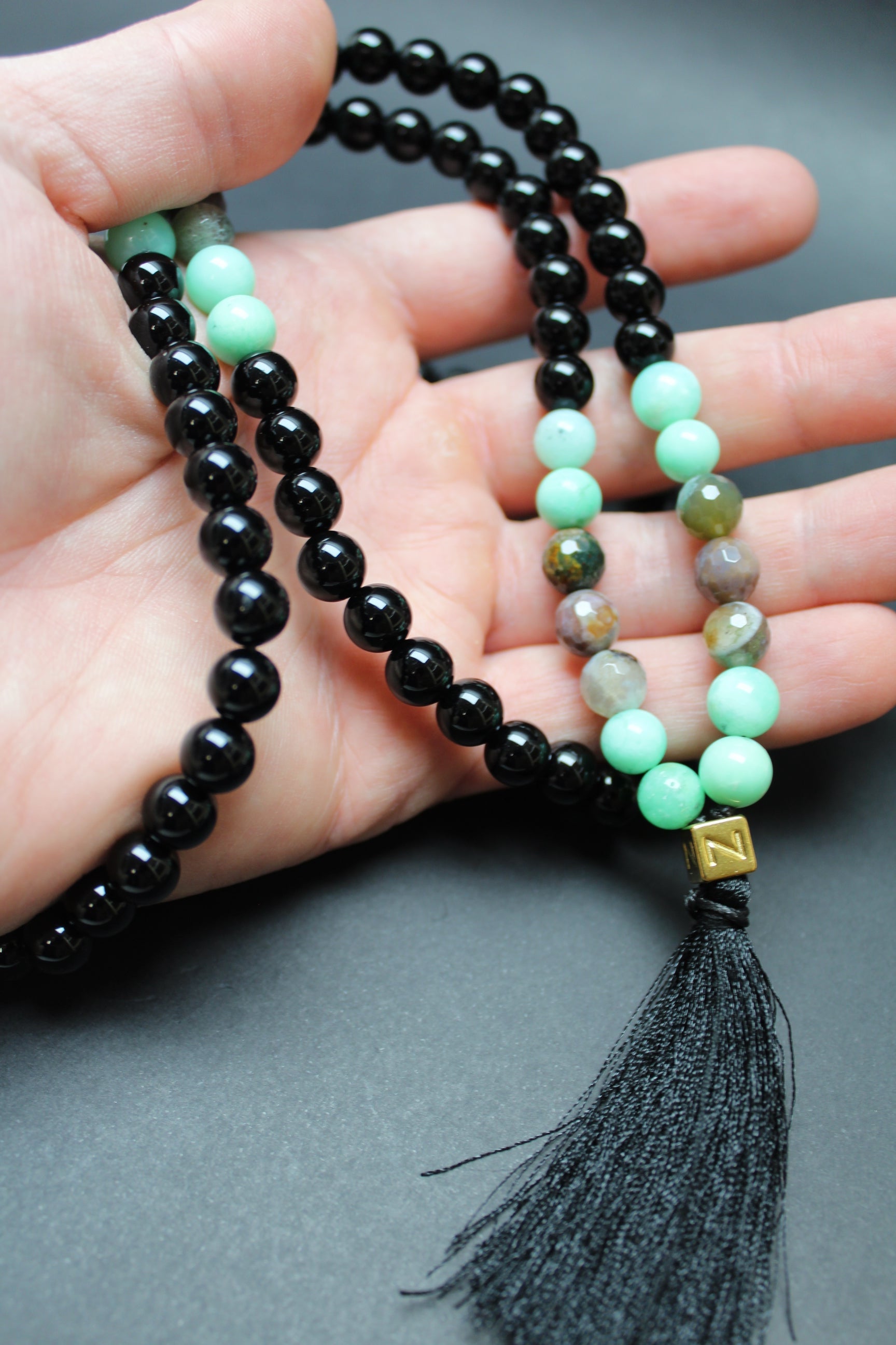 Mala Kæde – Chrysopras, Indisk Agat & Onyx – Hjerte & Jordforbindelse